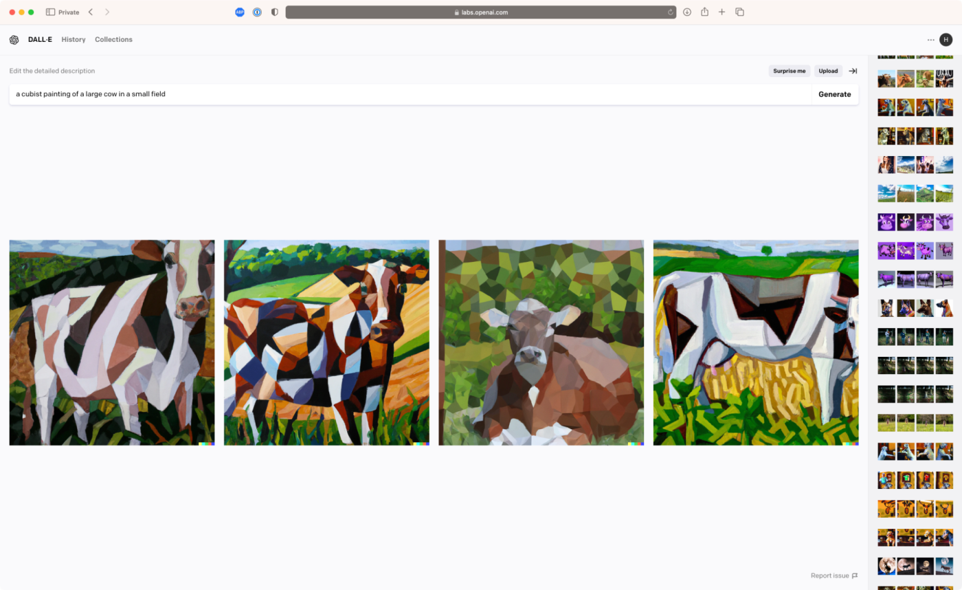 DALL-E 2 results for "a cubist painting of a large cow in a small field"